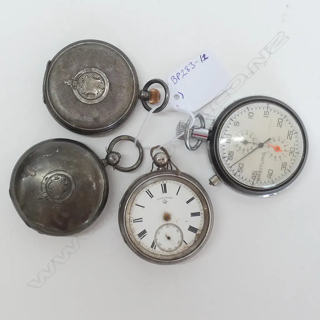 3 VERY OLD STERLING SILVER ENGLISH POCKETWATCHES AND BREITLING STOP WATCH Image 1++