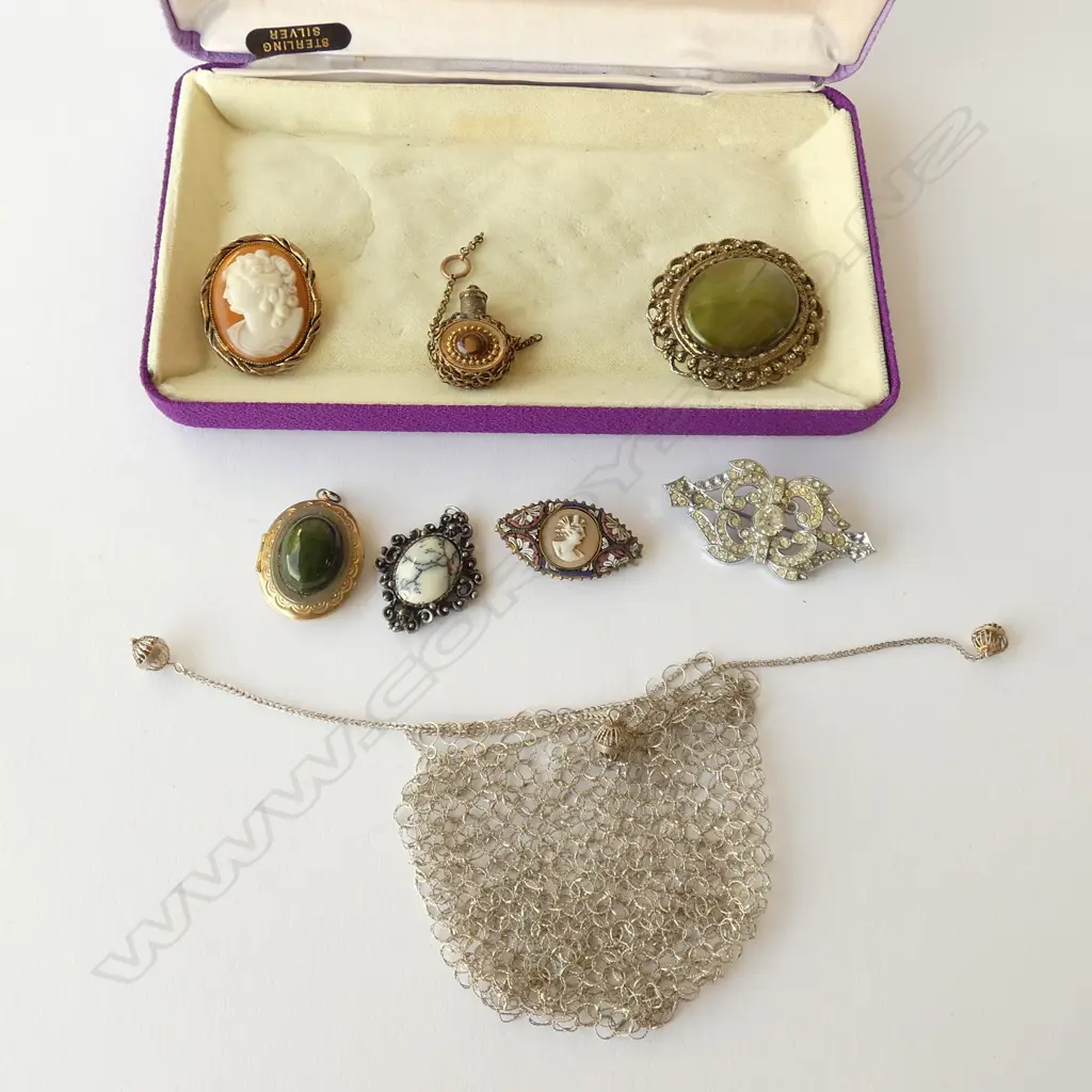 SILVER MISERS PURSE 7 COSTUME BROOCHES + PENDANTS Image 1++