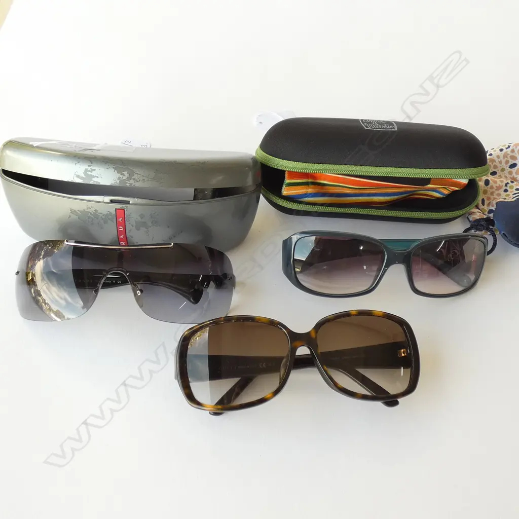 3 DESIGNER LADIES SUNGLASSES; PRADA WITH CASE MISSING NOSE PAD, CK, GUCCI? Image 1++