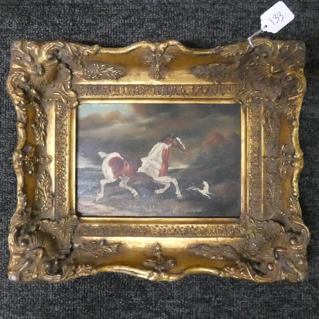 ANTIQUE STYLE OIL HORSE & DOG GILT FRAME Image 1++