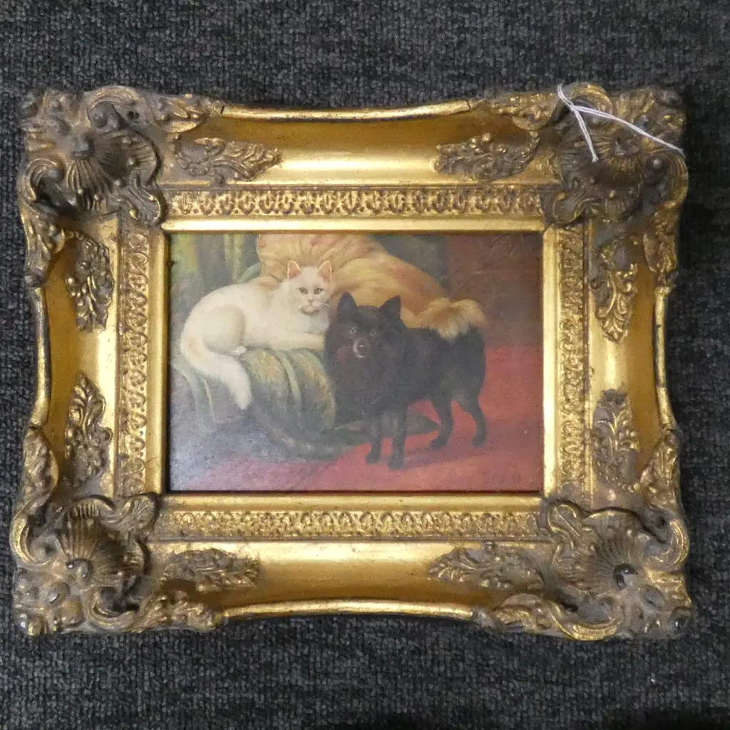 ANTIQUE STYLE OIL CAT & DOG GILT FRAME Image 1++