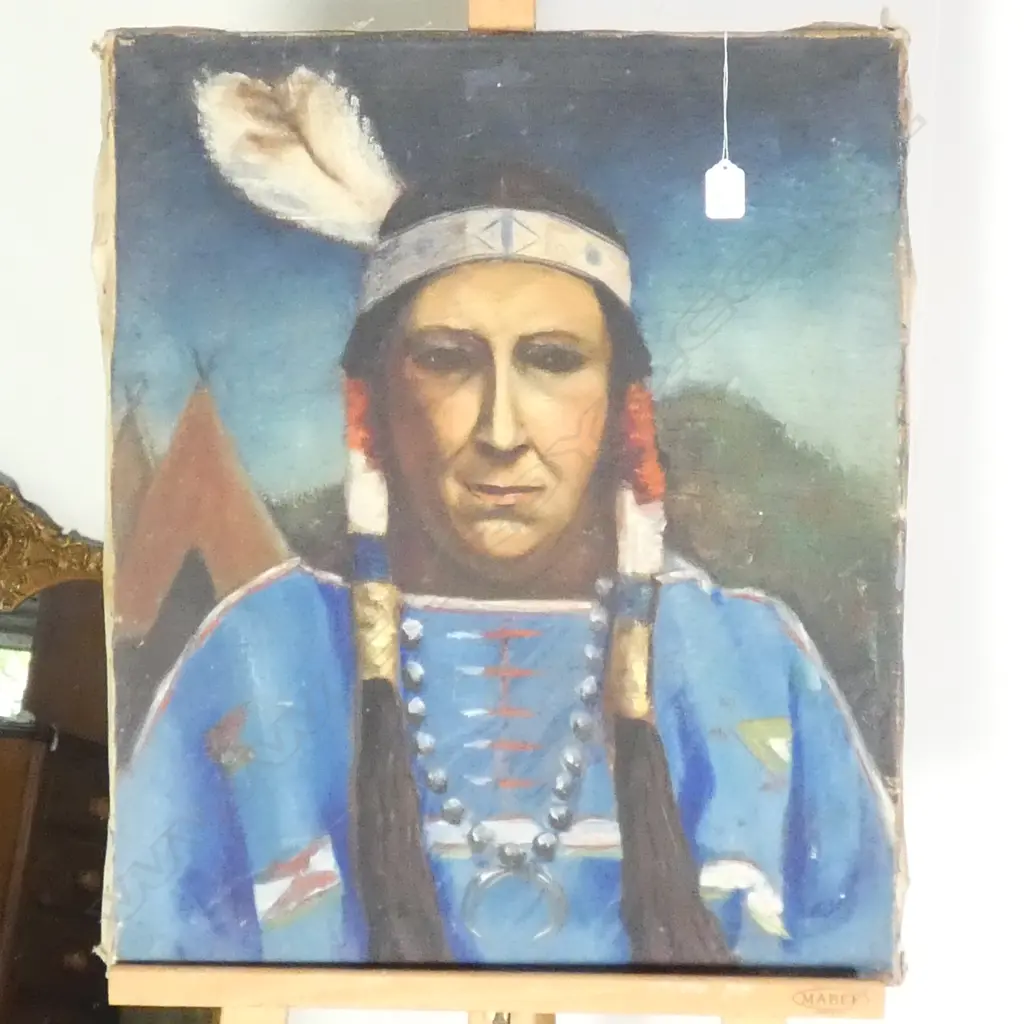 ARTIST UNKNOWN OIL ON CANVAS NATIVE AMERICAN INDIAN 610 X 520 MM Image 1++