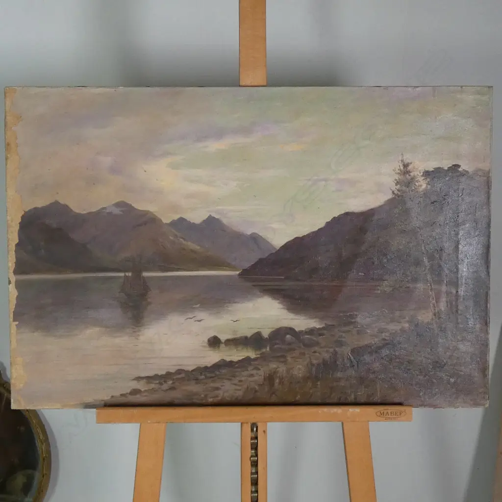 W.MENZIES GIBB OIL ON CANVAS LAKE SCENE NEEDING RESTORATION 510 X 760 MM Image 1++