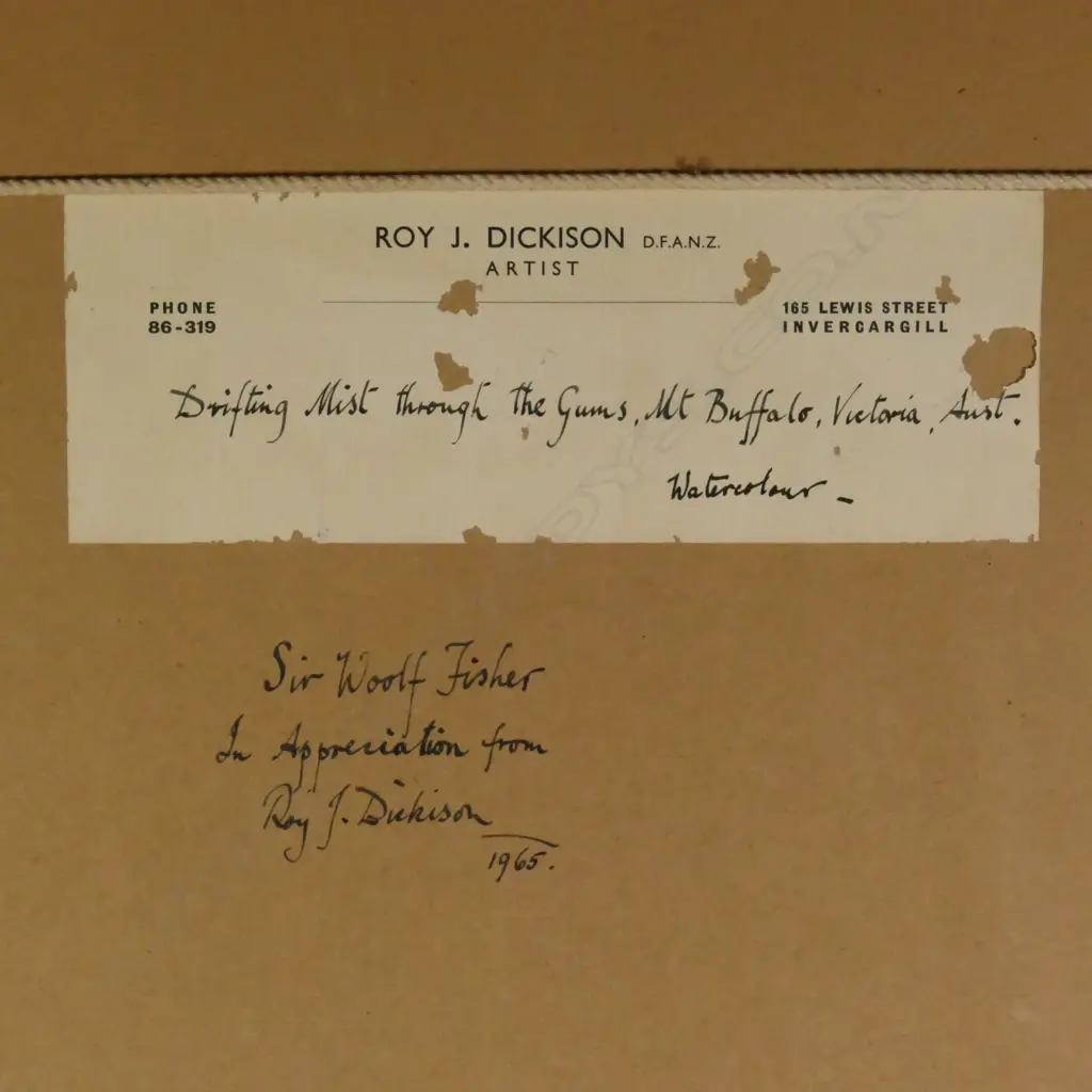 ROY J DICKISON, W/C, 'DRIFTING MIST THROUGH THE GUMS, MT.BUFFALO, VICTORIA, AUST' SIGNED, TITLED VERSO. 325 x 400mm Image 1++