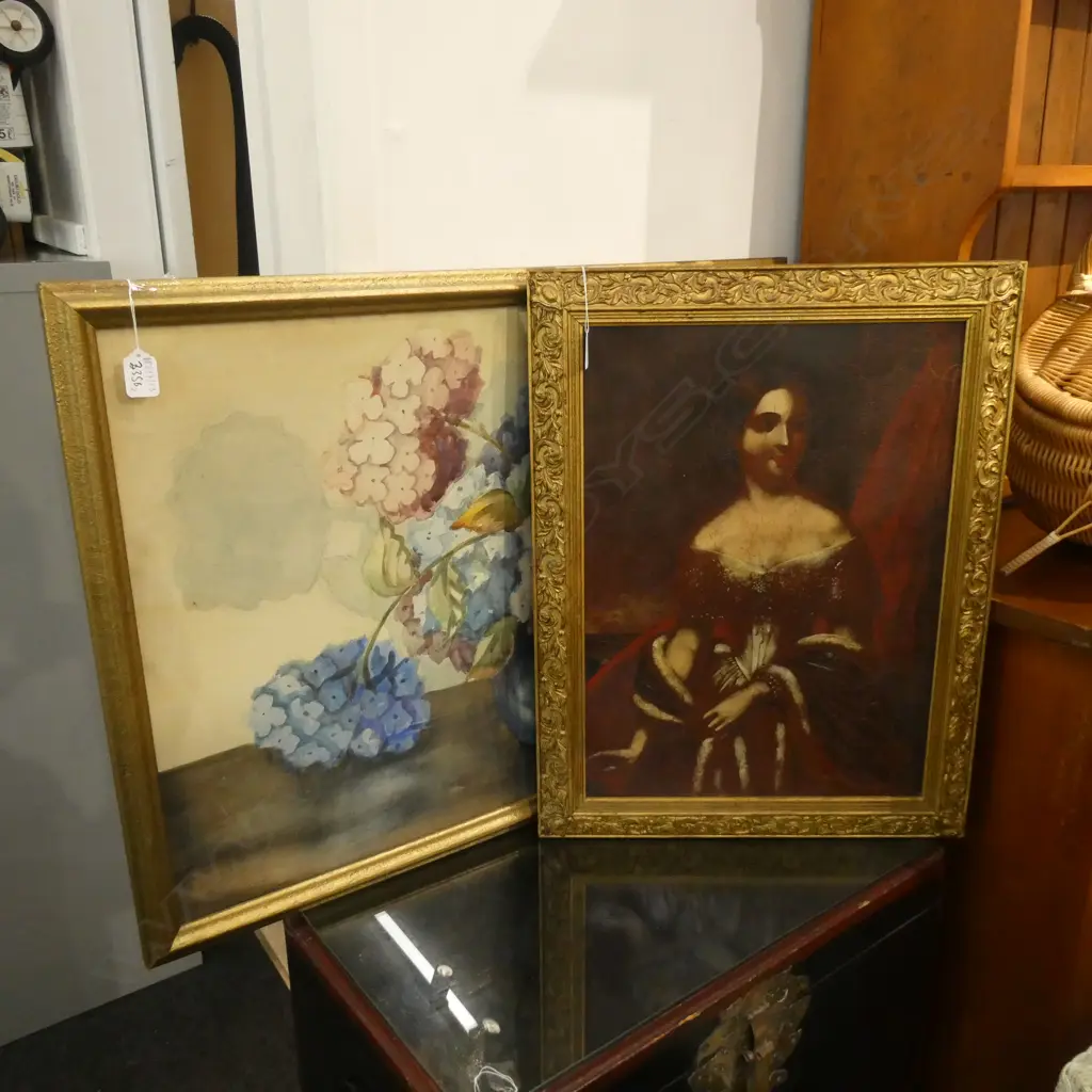2 ARTWORKS; HYDRANGEA W/C 790 X 600 + GILT FRAMED LADY Image 1++
