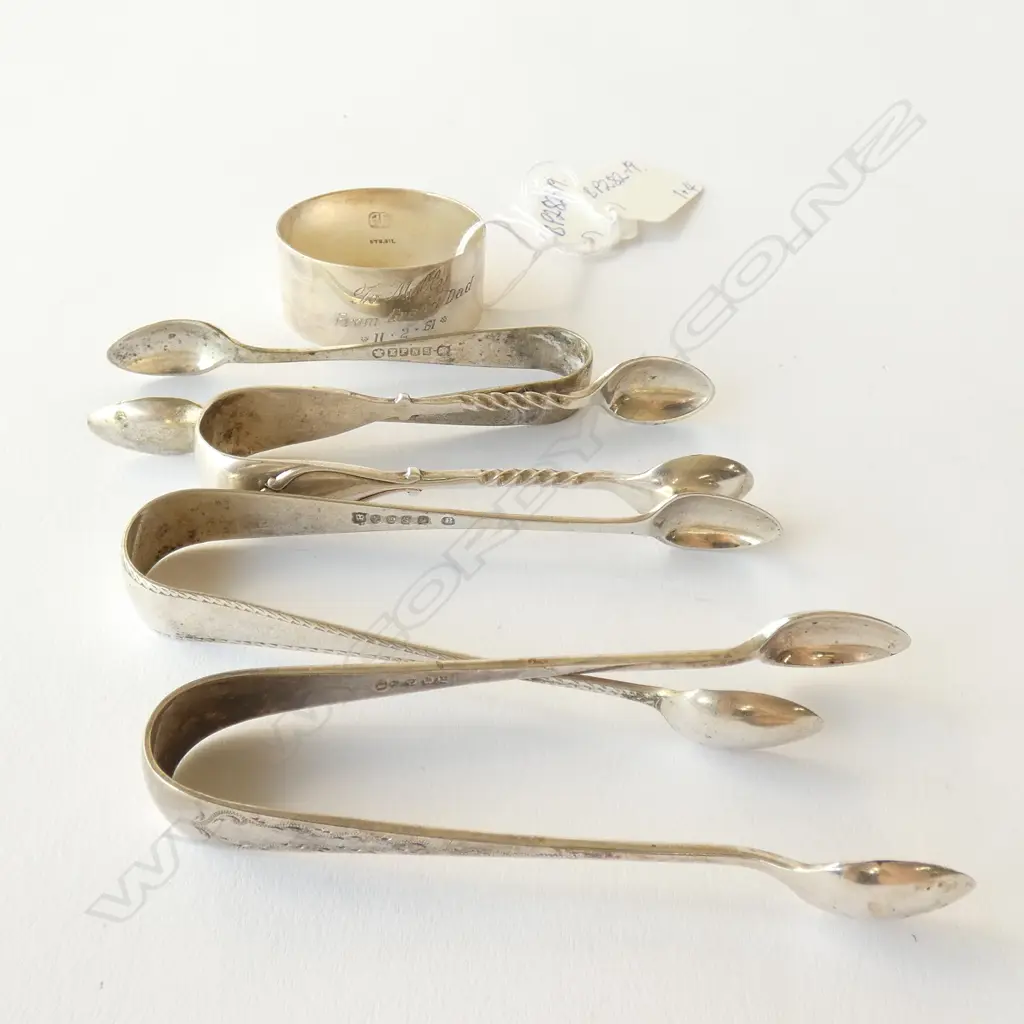 4 S/PLATE PRs SUGAR TONGS + SILVER NAPKIN RING Image 1++