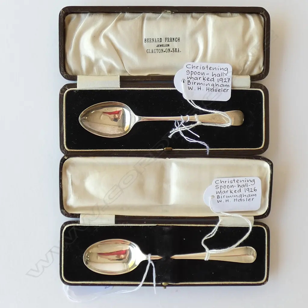 TWO SILVER CHRISTENING SPOONS, BIRM BY WH HASELER, 1926 & 1927, 35GM, BOXED Image 1++