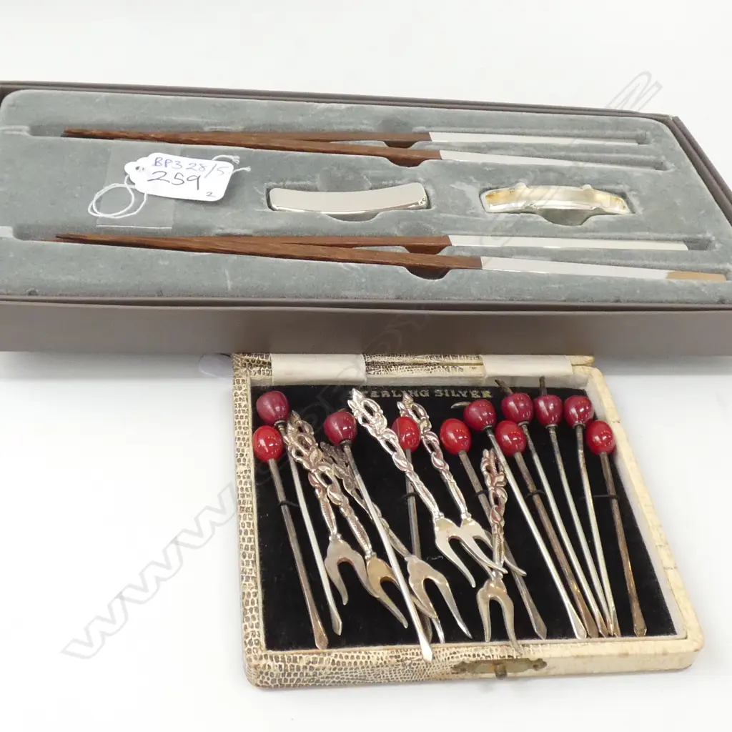 CASED SET OF 2 PRS CHOPSTICKS + 5 CASED STG SILVER COCKTAIL PICKS + 6 835 DUTCH SILVER COCKTAIL FORKS + 6 OTHER Image 1++