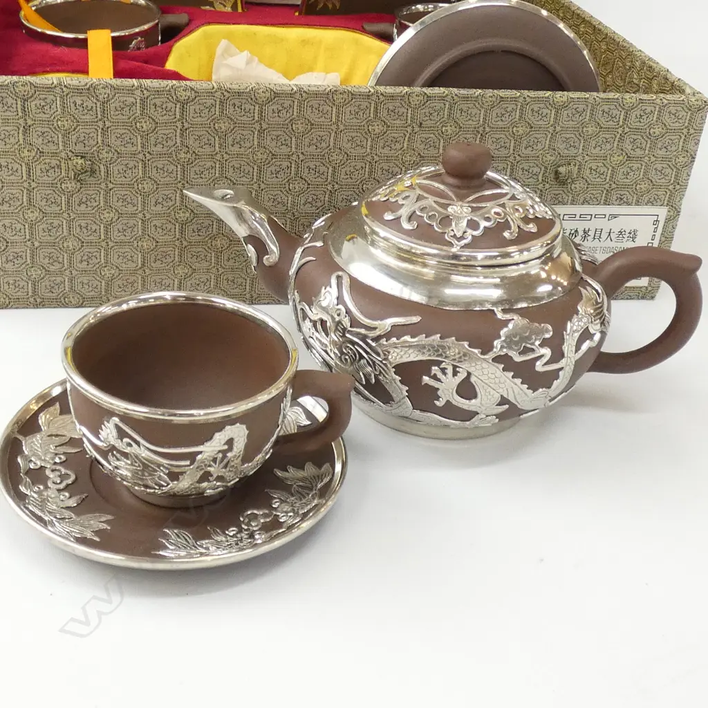 YIXING TEASET, HANDMADE TIN OVERLAY DASAXIAN, JI WEN ZHAI Image 1++