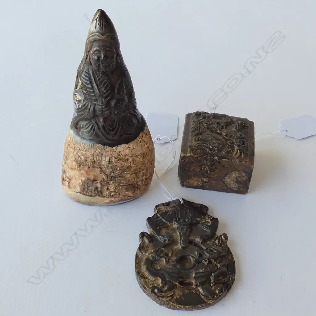 2 SEALS; HORN BUDDHA, SQUARE STONE & STONE BI DISK PENDANT Image 1++