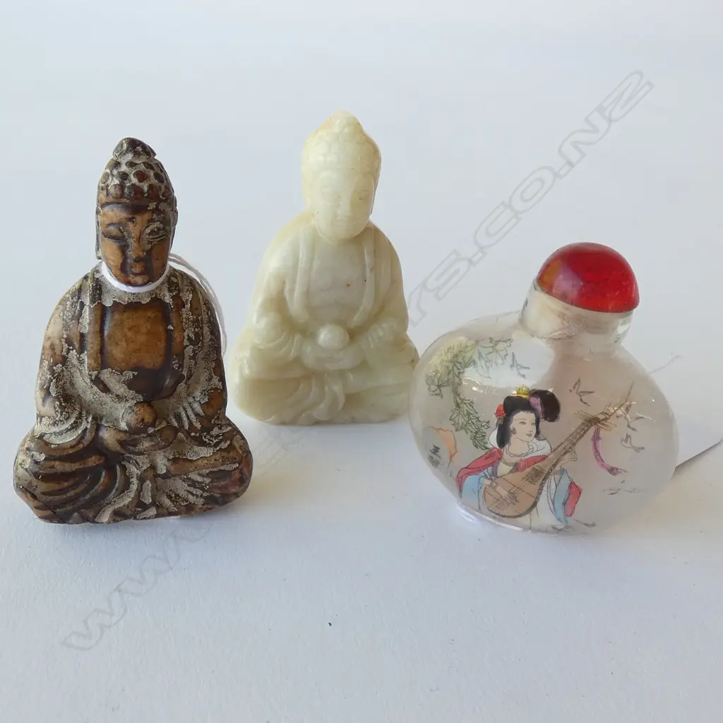 2 SMALL STONE BUDDHAS & INTERIOR PAINTED SNUFF BOTTLE Image 1++