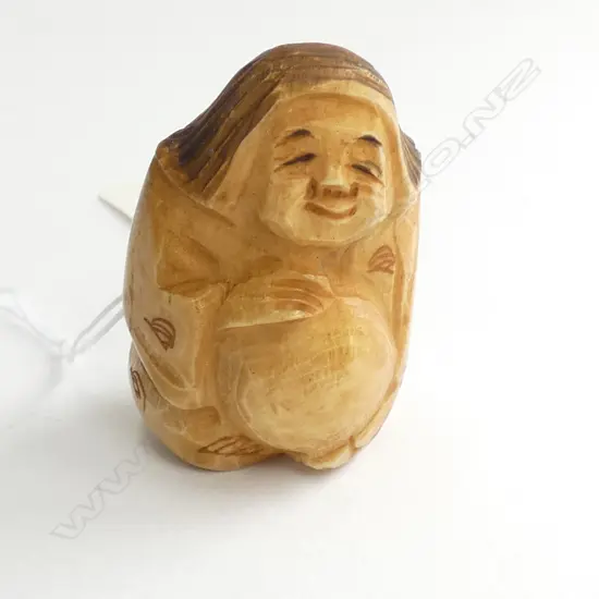 JAPANESE CARVED IVORY OLD LADY W MELON NETSUKE SIGNED