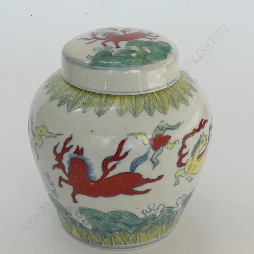 CHINESE GINGER JAR, B&W PAINTED RED GREEN YELLOW HIGHLIGHTS  Image 1++