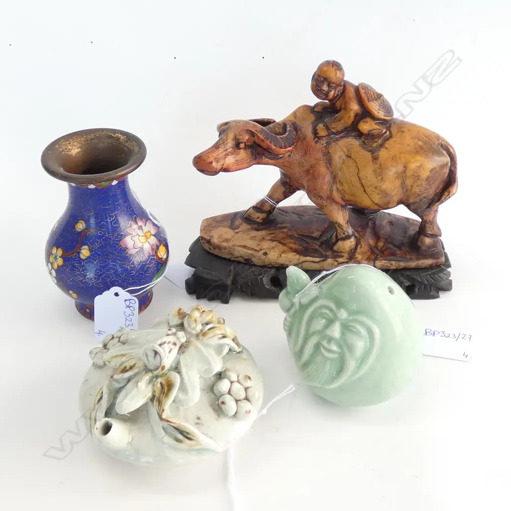 4 ORIENTAL PCES; SOAPSTONE BOY ON BUFFALO, CLOISONNE VASE, 2 CERAMIC PCES Image 1++