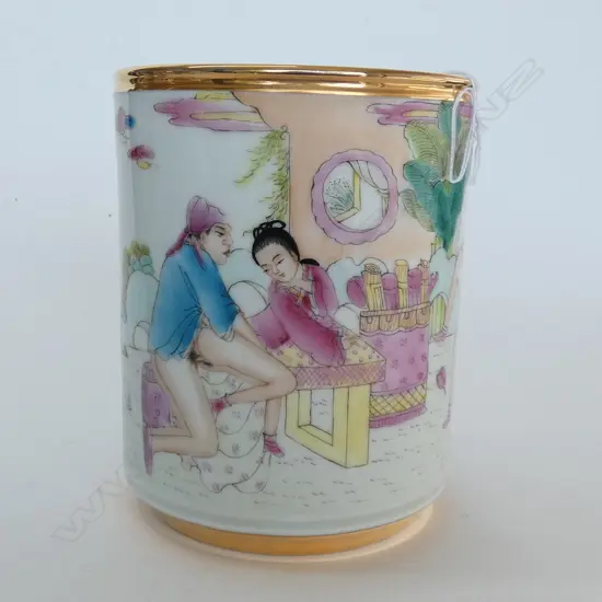 CHINESE FAMILLE ROSE BRUSH POT SEMI NAKED FIGURES H.140mm