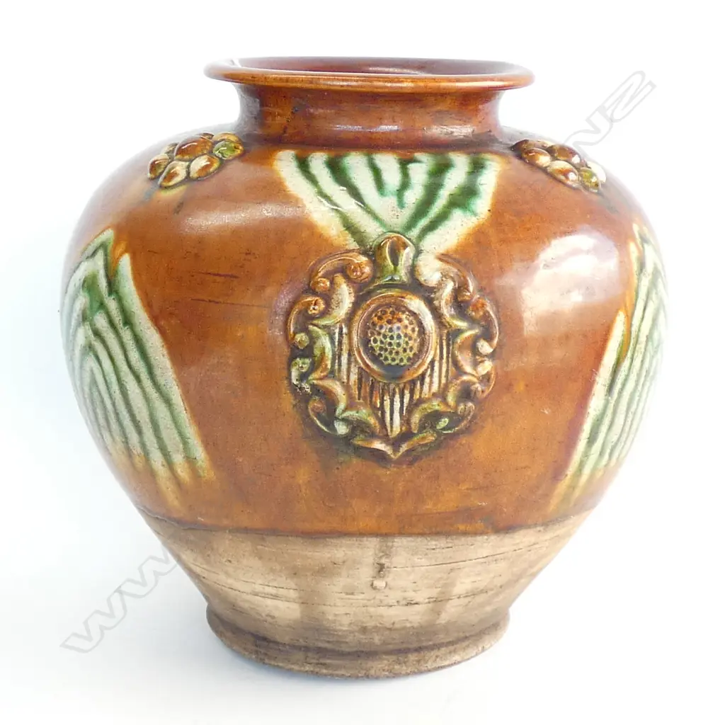 CHINESE TANG STYLE POTTERY VASE, BROWN + GREEN HIGHLIGHTS, H.235mm Image 1++