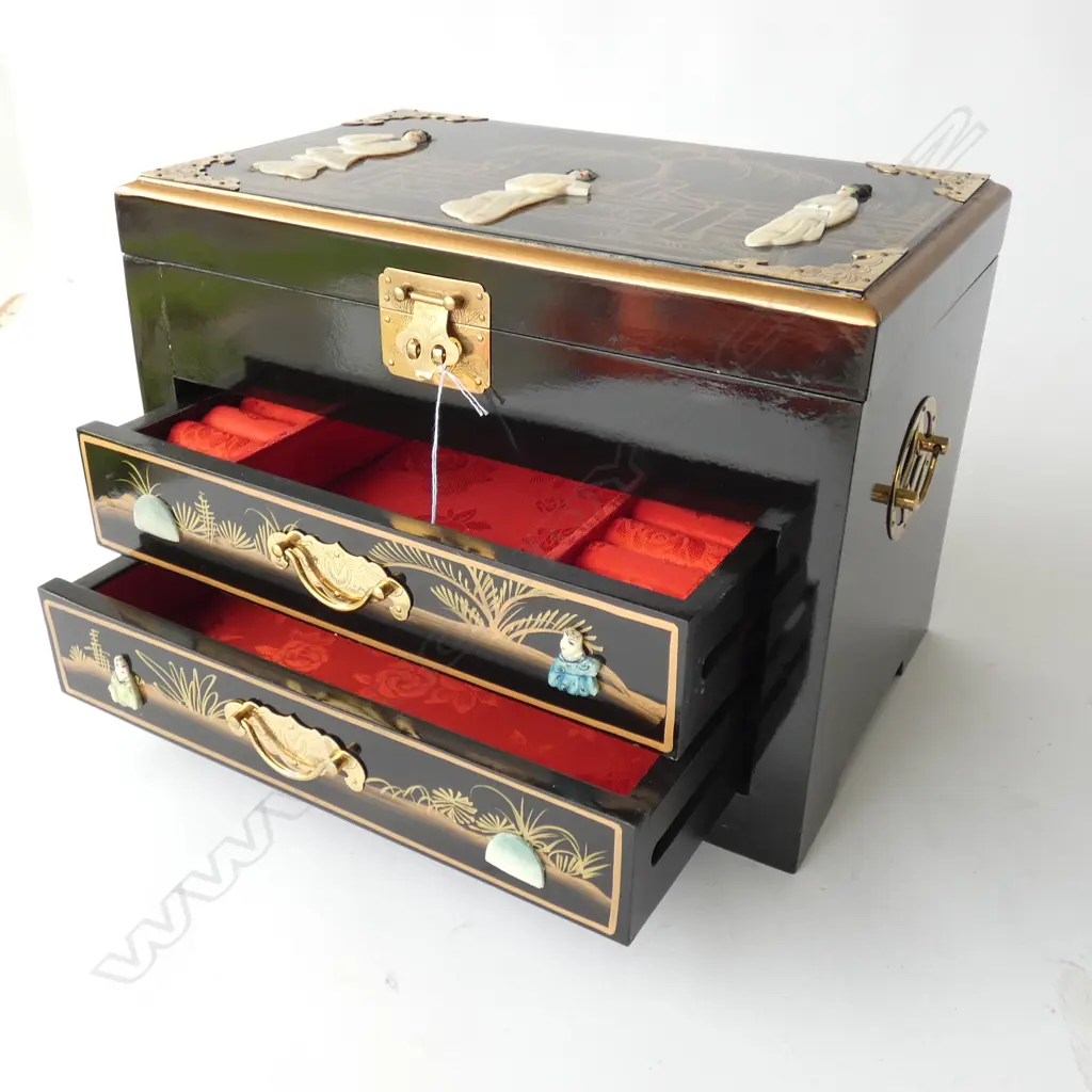 JAPANESE BLACK/GOLD LAQUARED JEWELLERY BOX, M OF PEARL DETAIL 250MM HIGH,360MM LONG Image 1++