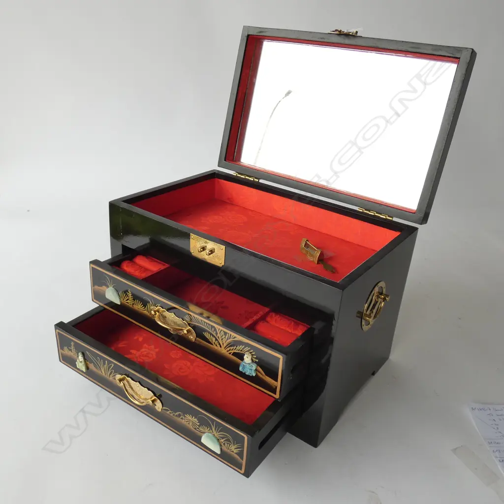 JAPANESE BLACK/GOLD LAQUARED JEWELLERY BOX, M OF PEARL DETAIL 250MM HIGH,360MM LONG Image 1++