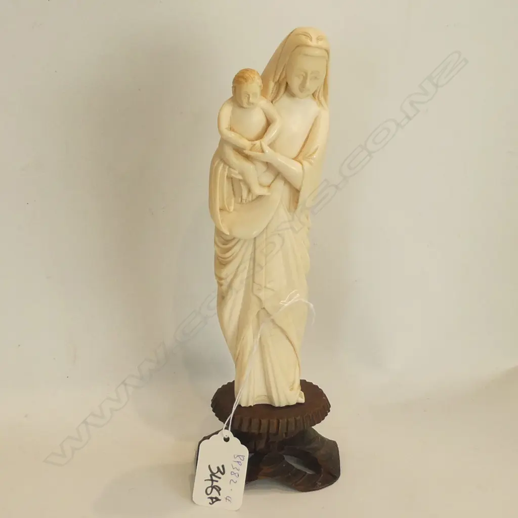 OLD IVORY CARVED FIGURE OF MADONNA & CHILD ON WOODEN STAND. H.220mm Image 1++
