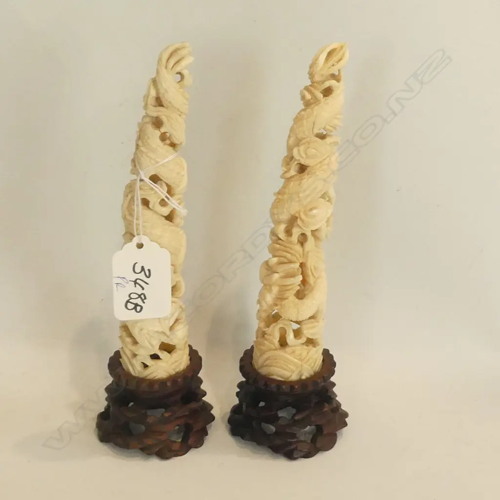 PR OLD IVORY TUSK TIPS CARVED & PIERCED WITH DRAGONS Image 1++