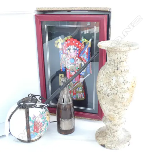 4 ITEMS; SOAPSTONE VASE, FRAMED CHINESE DOLL, OPIUM PIPE, BOTTLE FORM COCKTAIL STICK HOLDER