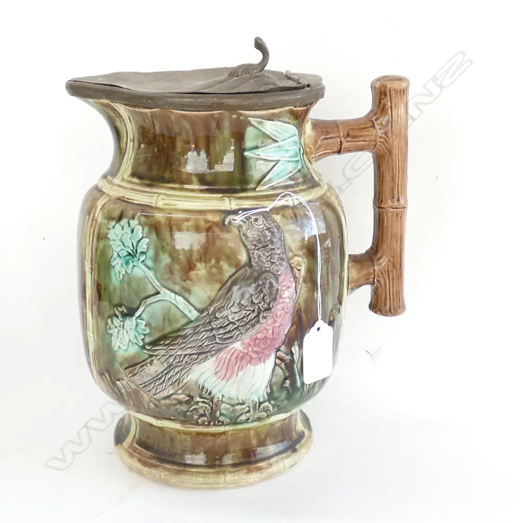 c1880 THOMAS FORRESTERS MAJOLICA BIRD JUG PEWTER LID Image 1++