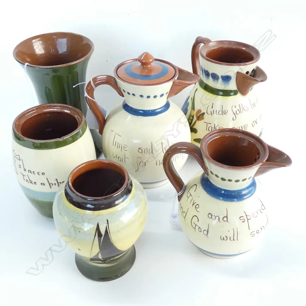 6 PCES TORQUAY WARE; 3 JUGS & 3 VASES Image 1++
