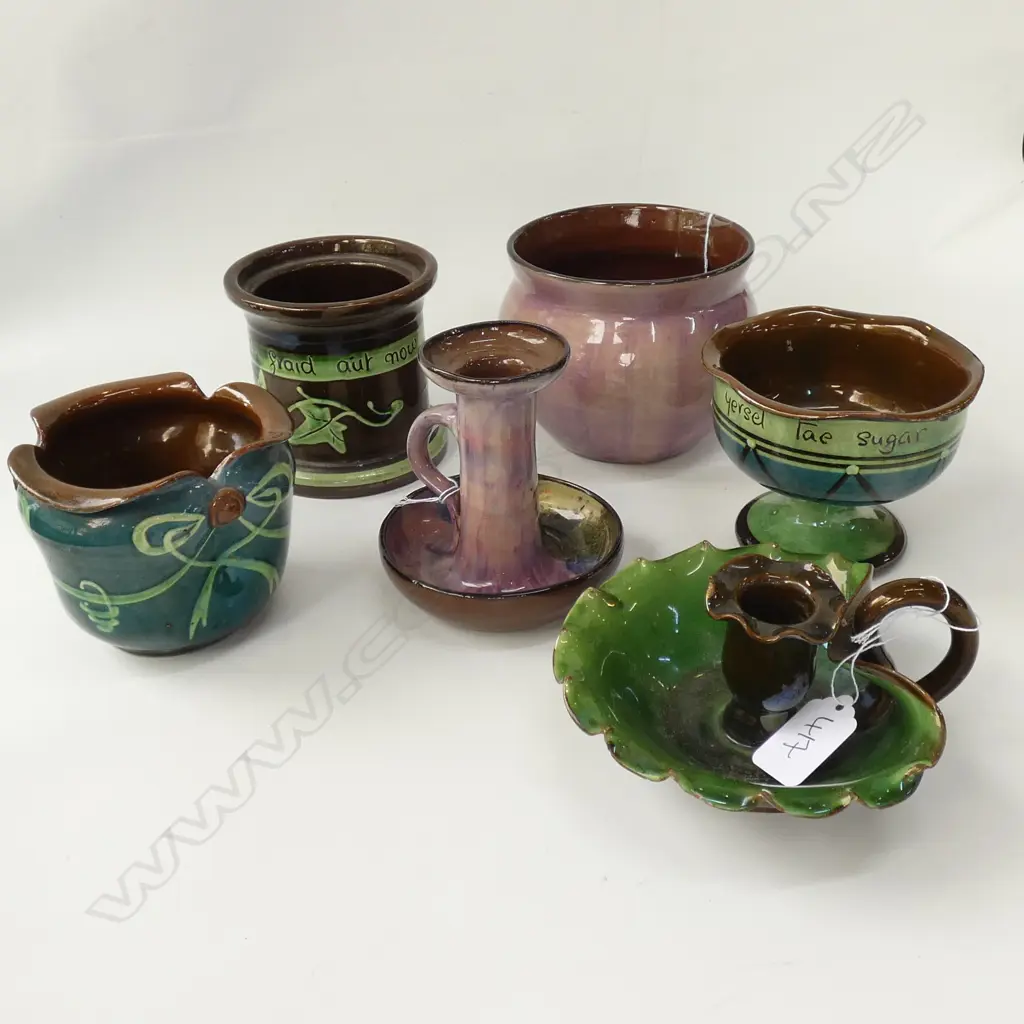 6 PCES TORQUAY WARE; 2 CANDLEHOLDERS, 2 VASES, ETC Image 1++