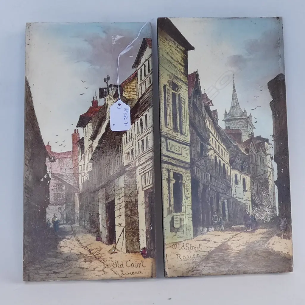 TWO EARLY TILES, LITHOGRAPHED WITH OLD FRENCH TOWNSCAPES. 305 x 155mm Image 1++