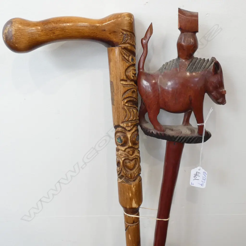 2 CARVED WALKING STICKS MAORI CARVED & BOAR A.F Image 1++