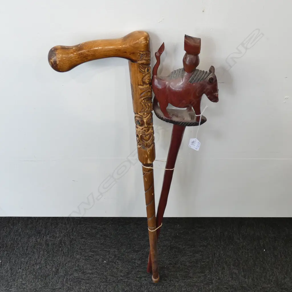 2 CARVED WALKING STICKS MAORI CARVED & BOAR A.F Image 1++
