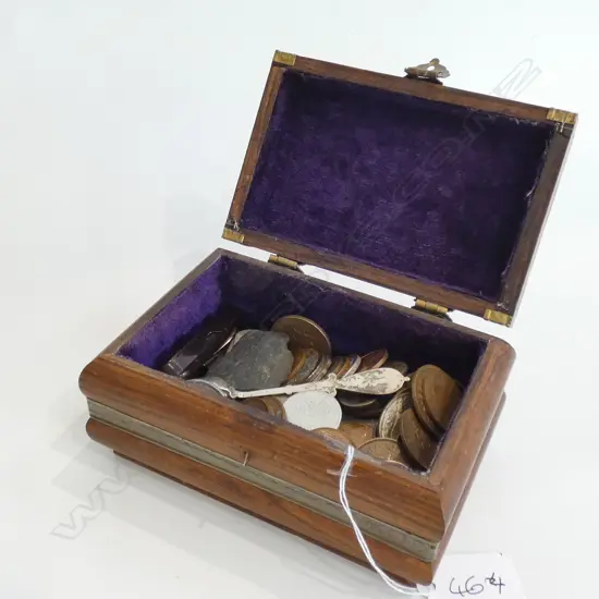 HARDWOOD SMALL BOX OF COINS ETC