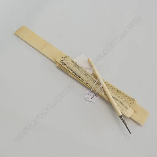 IVORY PROPELING PENCIL, 3 ADVERTISING RULES & SIMULATED IVORY SCALE RULE