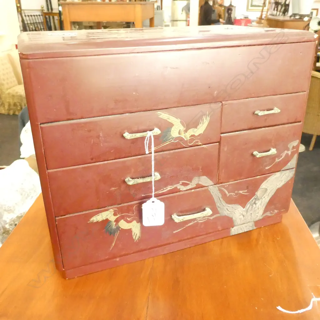 RED LACQUER JAPANESE SEWING BOX H. 260MM W. 325MM Image 1++