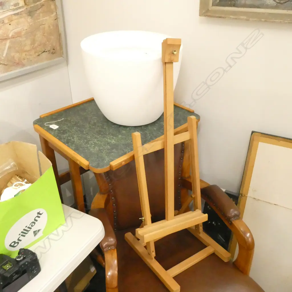 SIDE TABLE ON WHEELS, WHITE PLASTIC PLANTER, SMALL WOODEN EASEL Image 1++