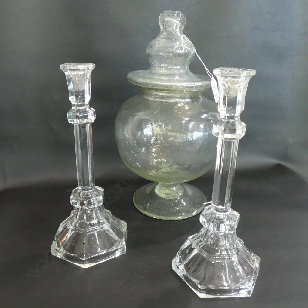 HAND BLOWN CONTAINER H. 320MM + PR GLASS CANDLESTICKS Image 1++