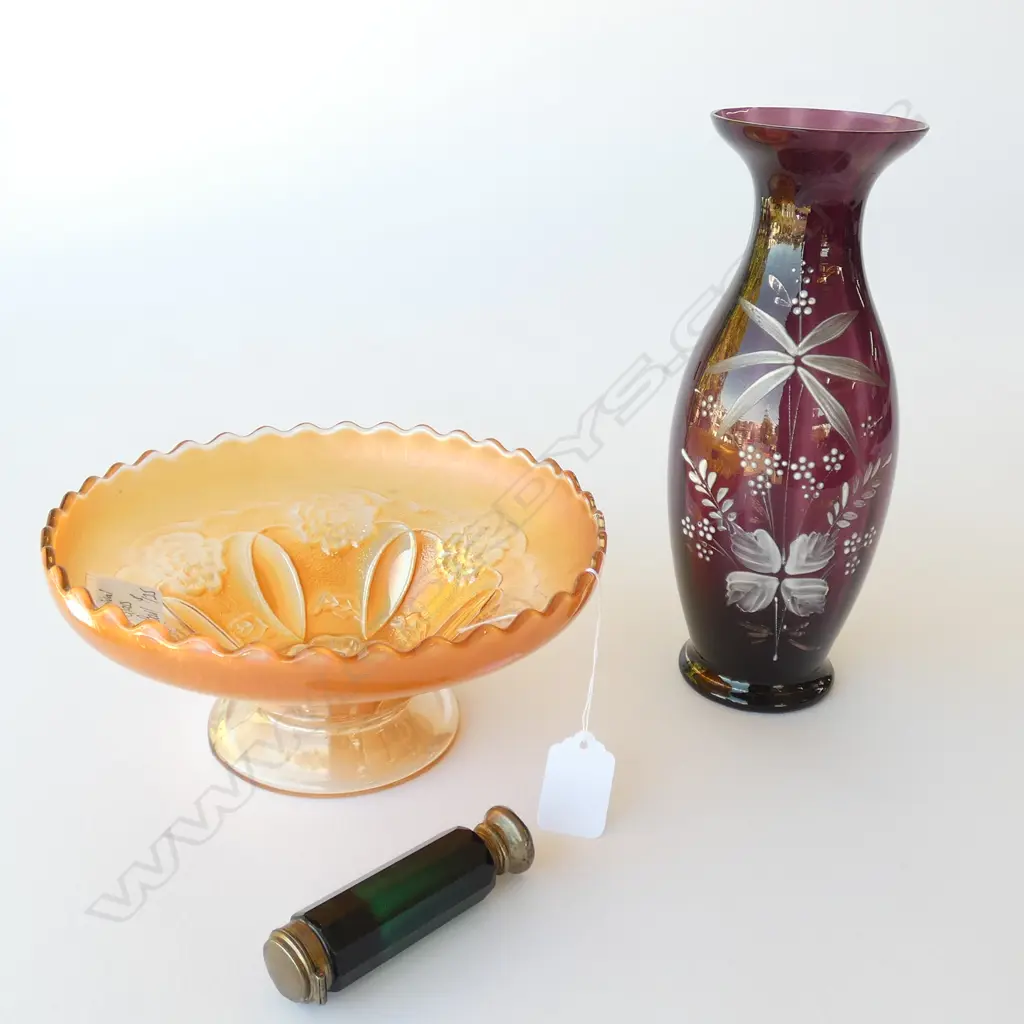 MARY GREGORY GLASS VASE + CARNIVAL GLASS BOWL + PERFUME BOTTLE Image 1++