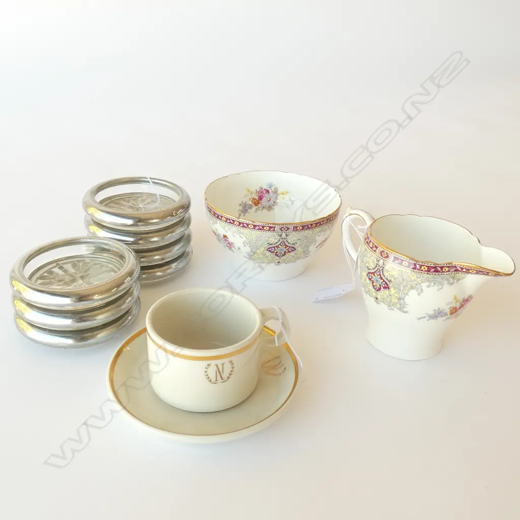 SHELLEY SUGAR & CREAM + DOULTON COFFEE CAN & SAUCER + 7 EP & CRYSTAL COASTERS Image 1++