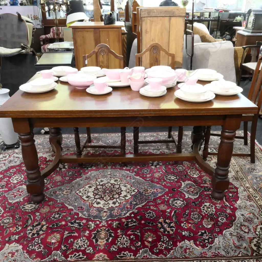 1920S OAK DINING TABLE, STRETCHER BASE, BUN FEET, 1520 X 900 X 760MM Image 1++