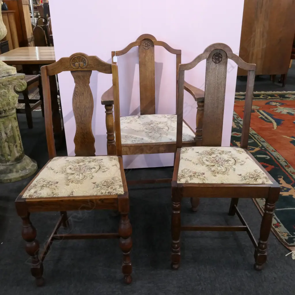 6 + 1 CARVER 1920-40S HARLEQUIN OAK DINING CHAIRS Image 1++