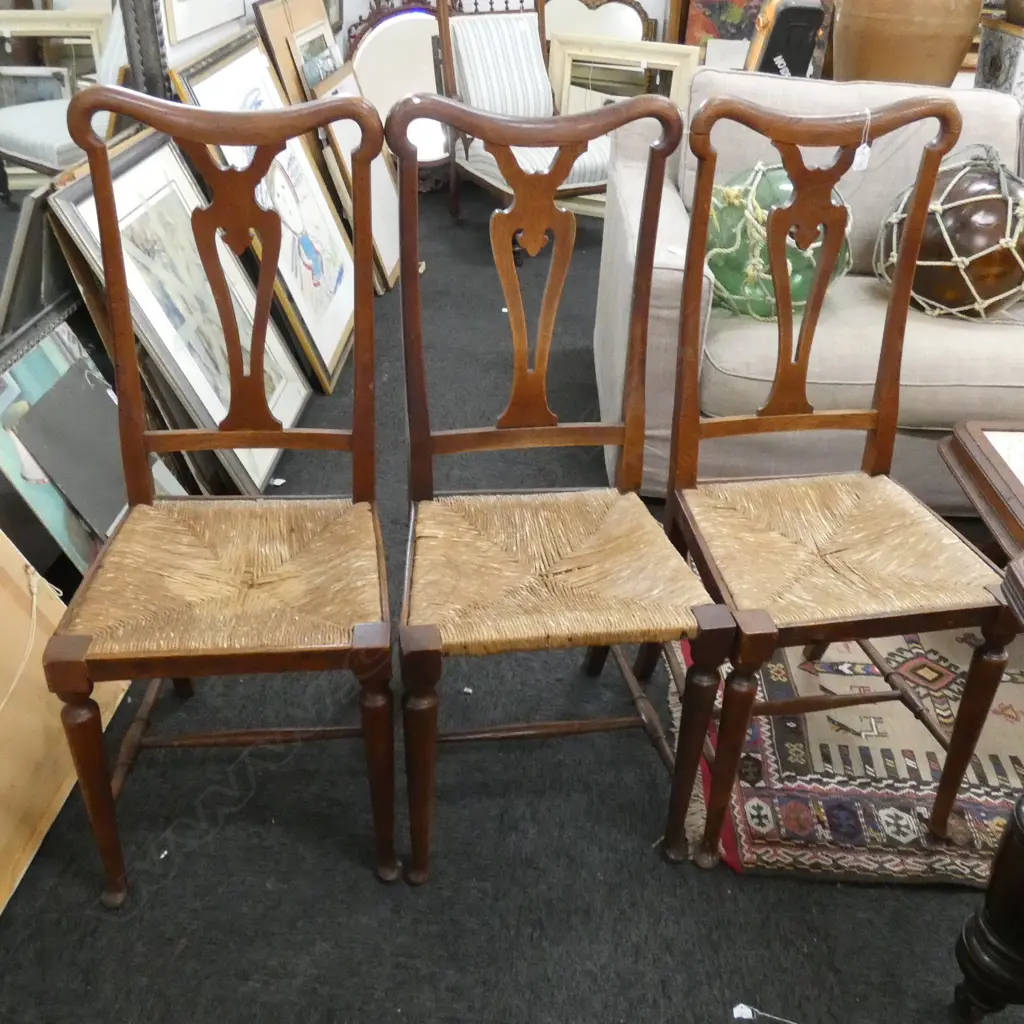 SET OF 6 EWARDIAN NOUVEAU OAK CHAIRS WITH RUSH SEATS  Image 1++