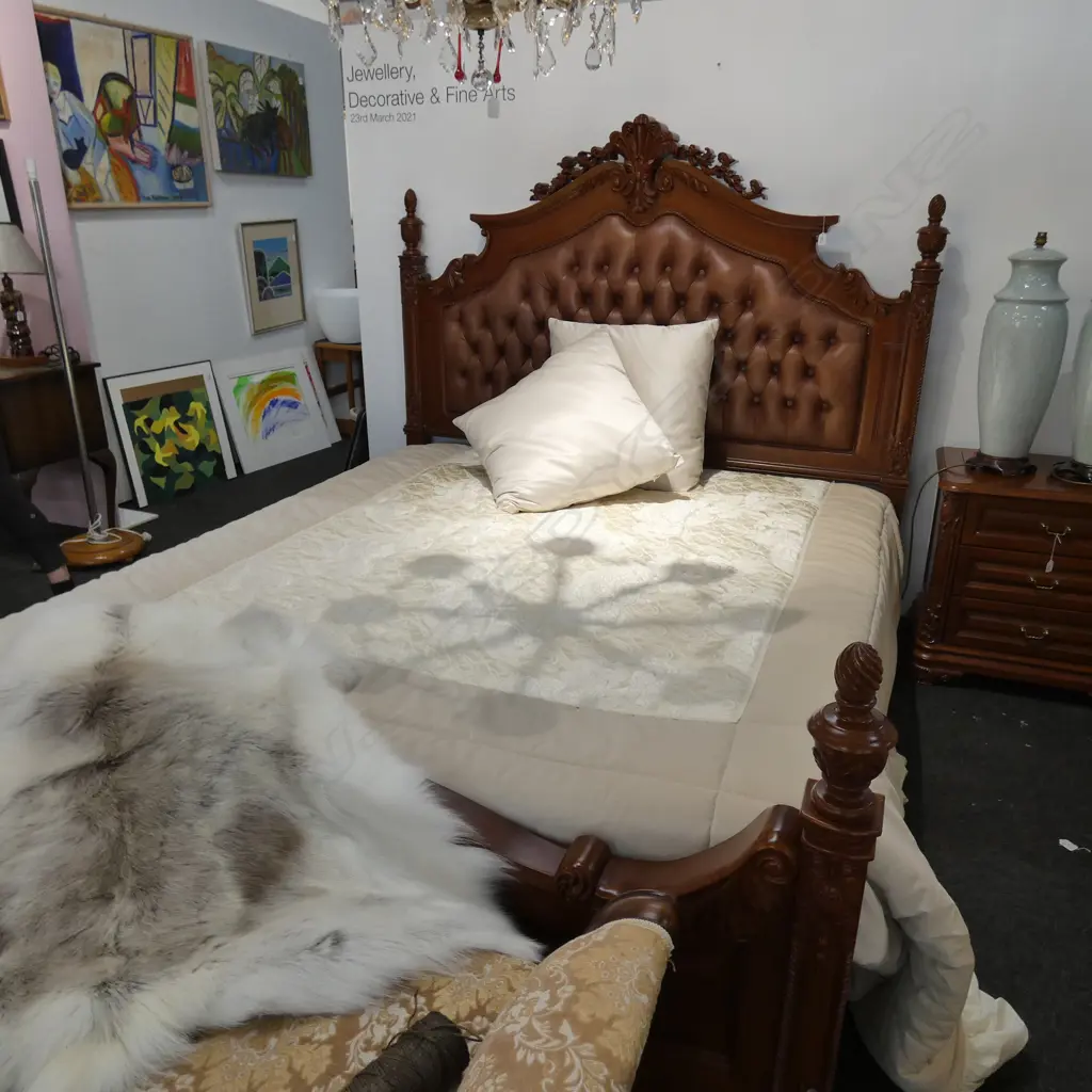 CARVED WOODEN BED WITH BUTTONED LEATHER HEADBOARD W. 1900MM L. 2160MM Image 1++