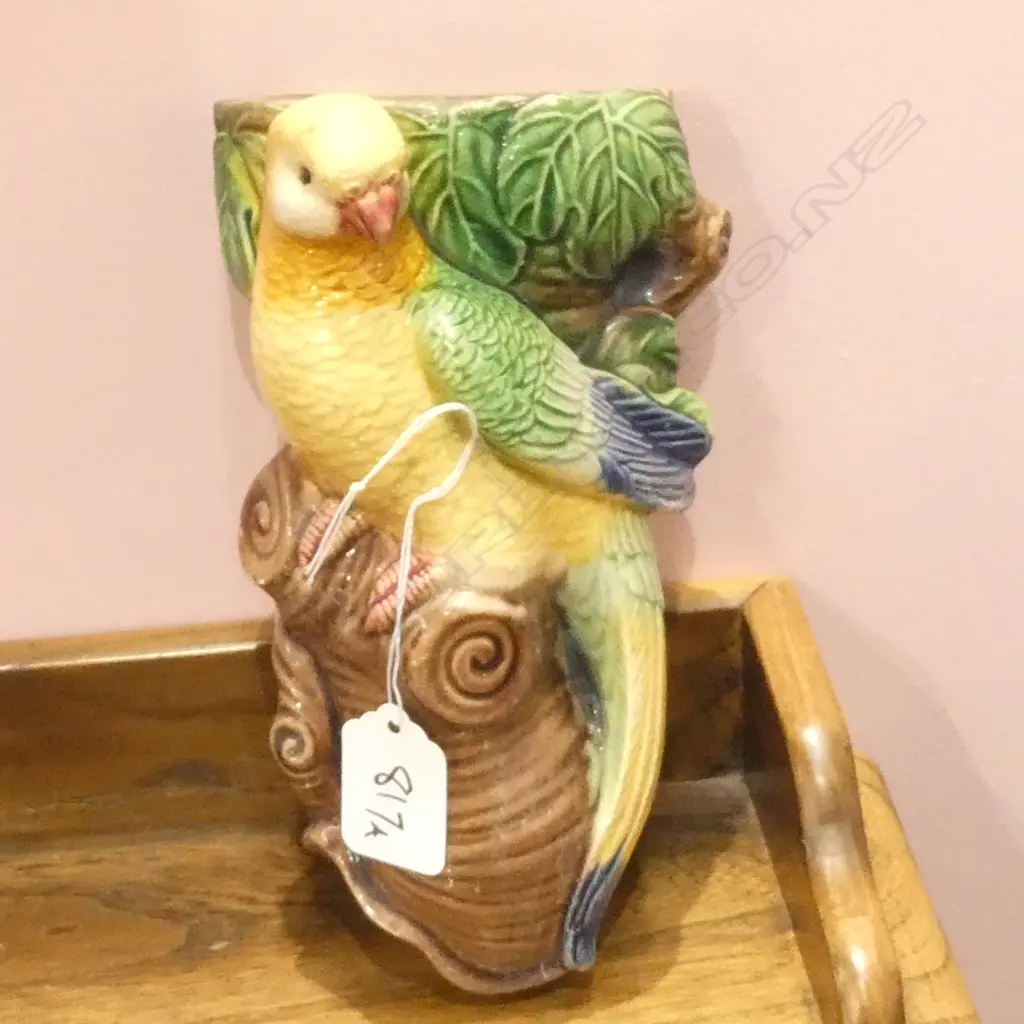 OLD MAJOLICA WALL VASE PARAKEET Image 1++