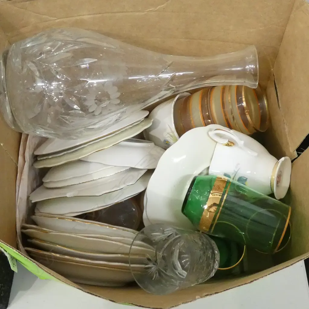 BOX LOT ASST. CHINA, DECANTER, ETC AF Image 1++