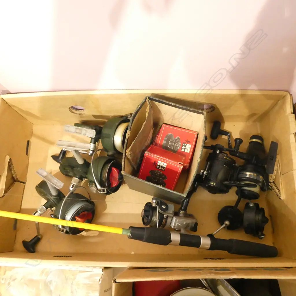 BOX LOT FISHING REELS, ROD ETC Image 1++
