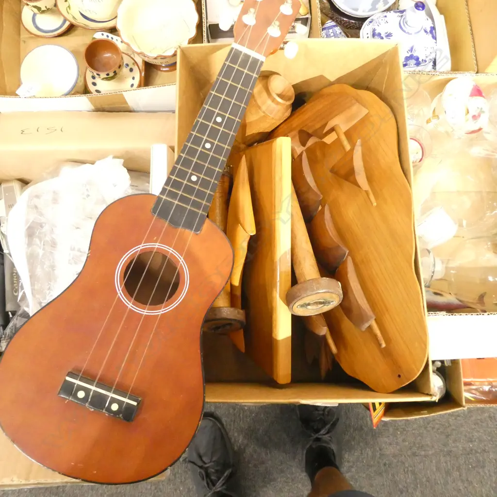 BOX LOT WOODEN ITEMS + UKELELE Image 1++