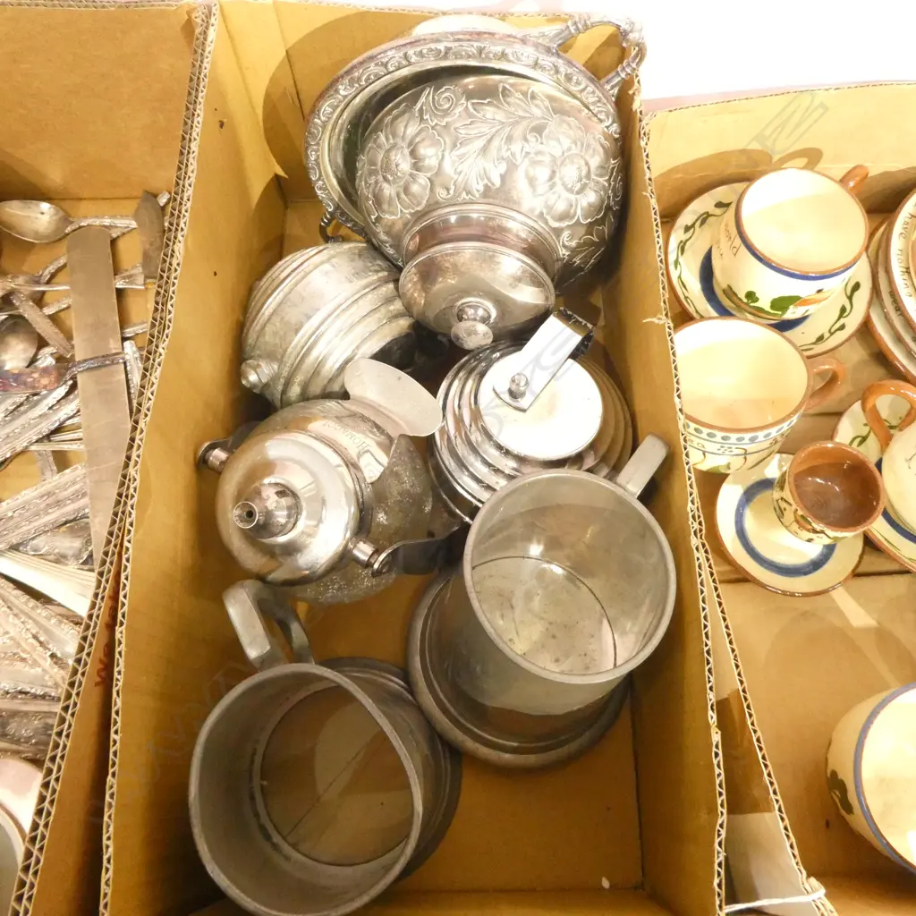 BOX LOT PEWTER MUGS, SOAP DISPENSERS, EP Image 1++