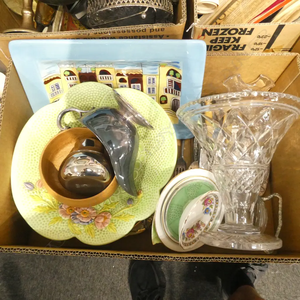 BOX LOT ASST. CHINA, CUTLERY, CRYSTAL VASE ETC Image 1++