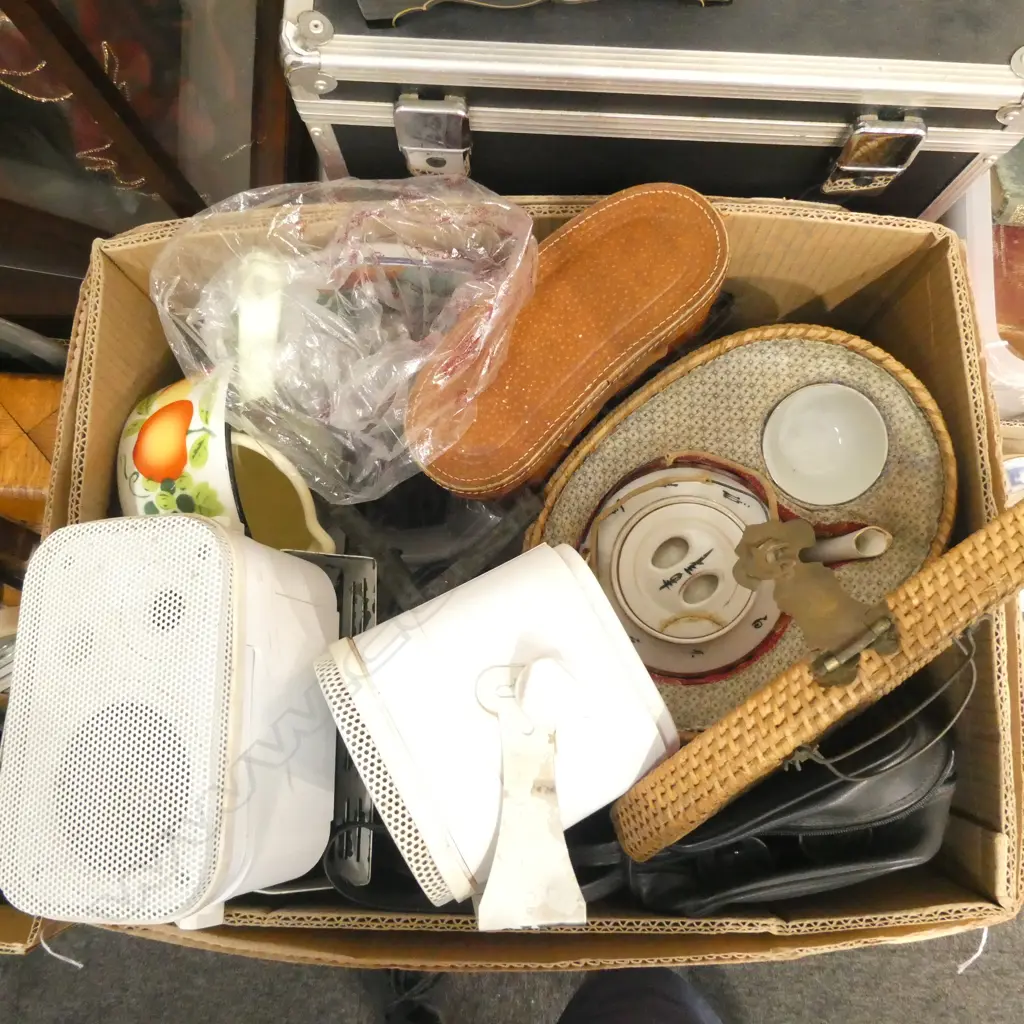 BOX LOT SPEAKERS, 2 PRS BINOCULARS, SCALES, WEIGHTS, TEAPOT ETC Image 1++