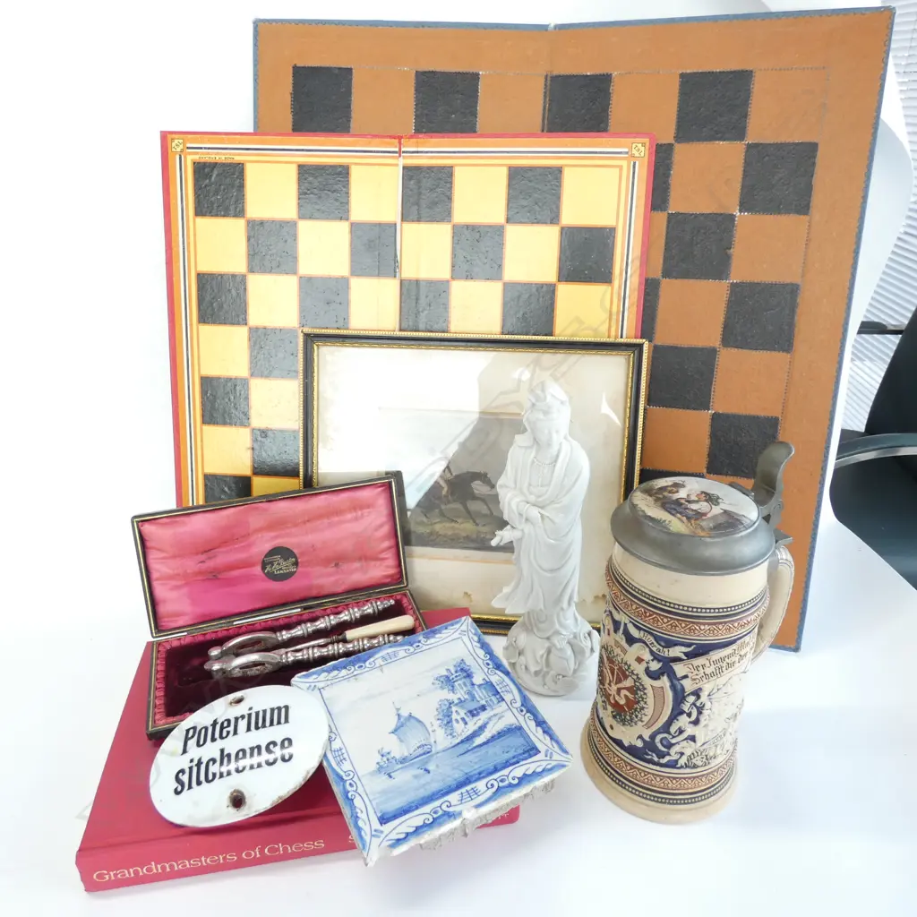 BOX LOT CHESS BOARD & BOOK, STEIN, ORIENTAL FIGURE, DELFT TILE ETC Image 1++
